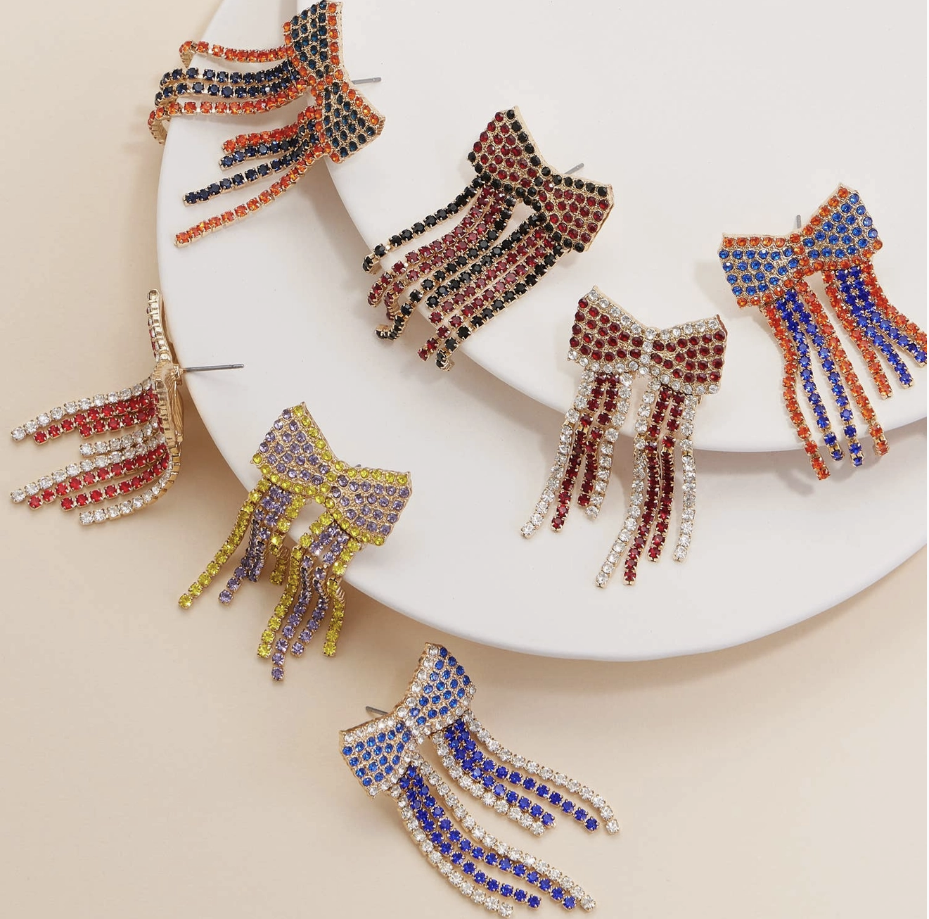 Bow Fringe Rhinestone Earrings Orange-Navy