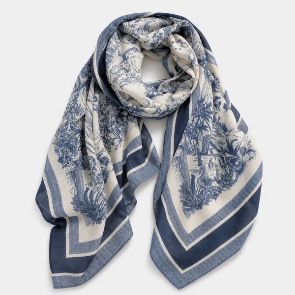 Viscose Oversized Wrap Scarf, Lightweight Shawl - Blue Toile