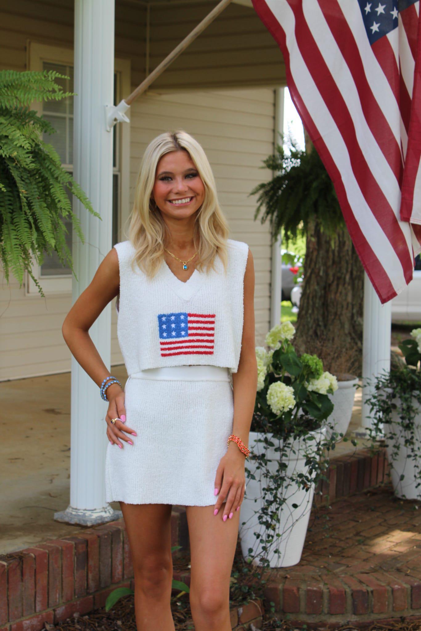 Flag Print V-Neck Cropped Top and Mini Skirt Sweater