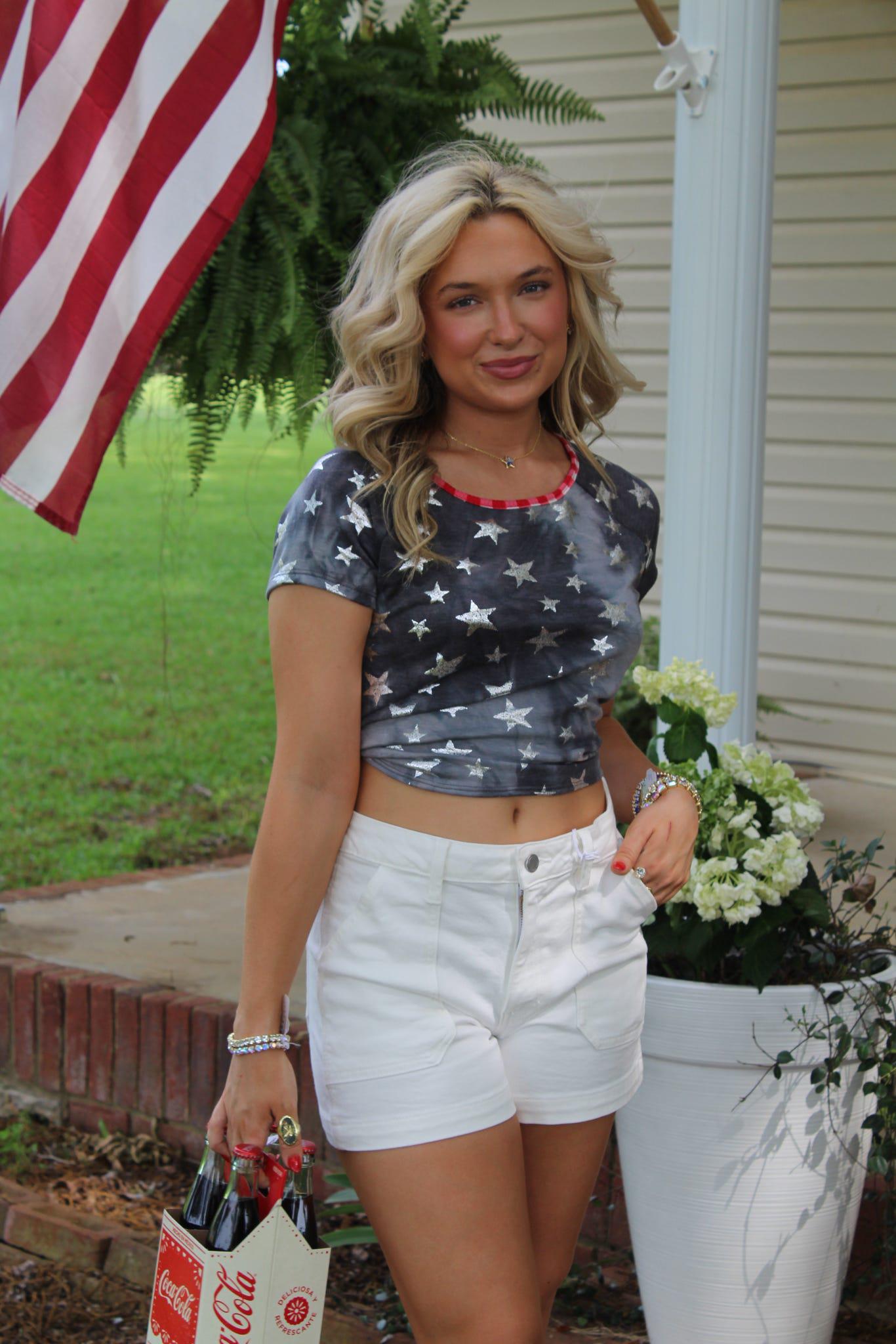 Foil Star Print French Terry Knit Top with Back Cut Out and Plaid Tied Top