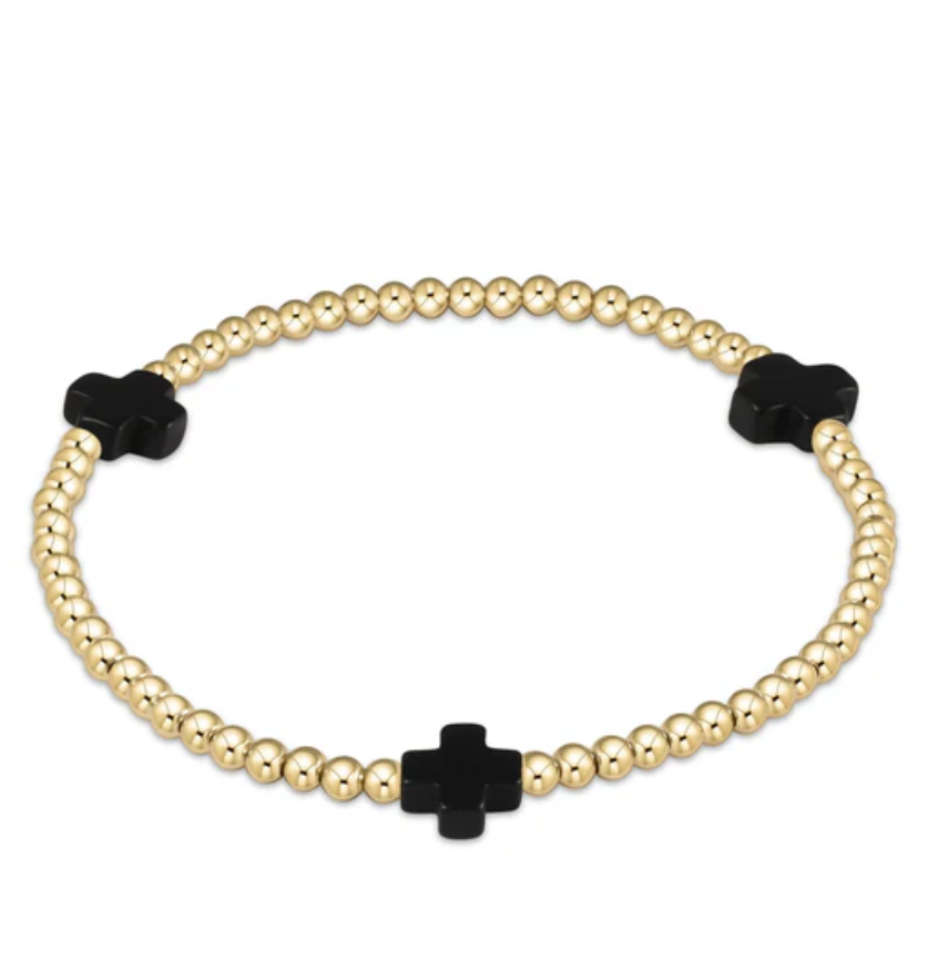Signature Cross Gold Pattern 3mm Bead Bracelet - Onyx