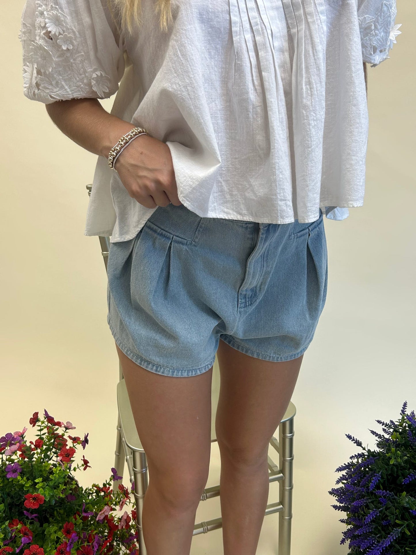 Double Pleat Detail Fit and Flare Denim Shorts