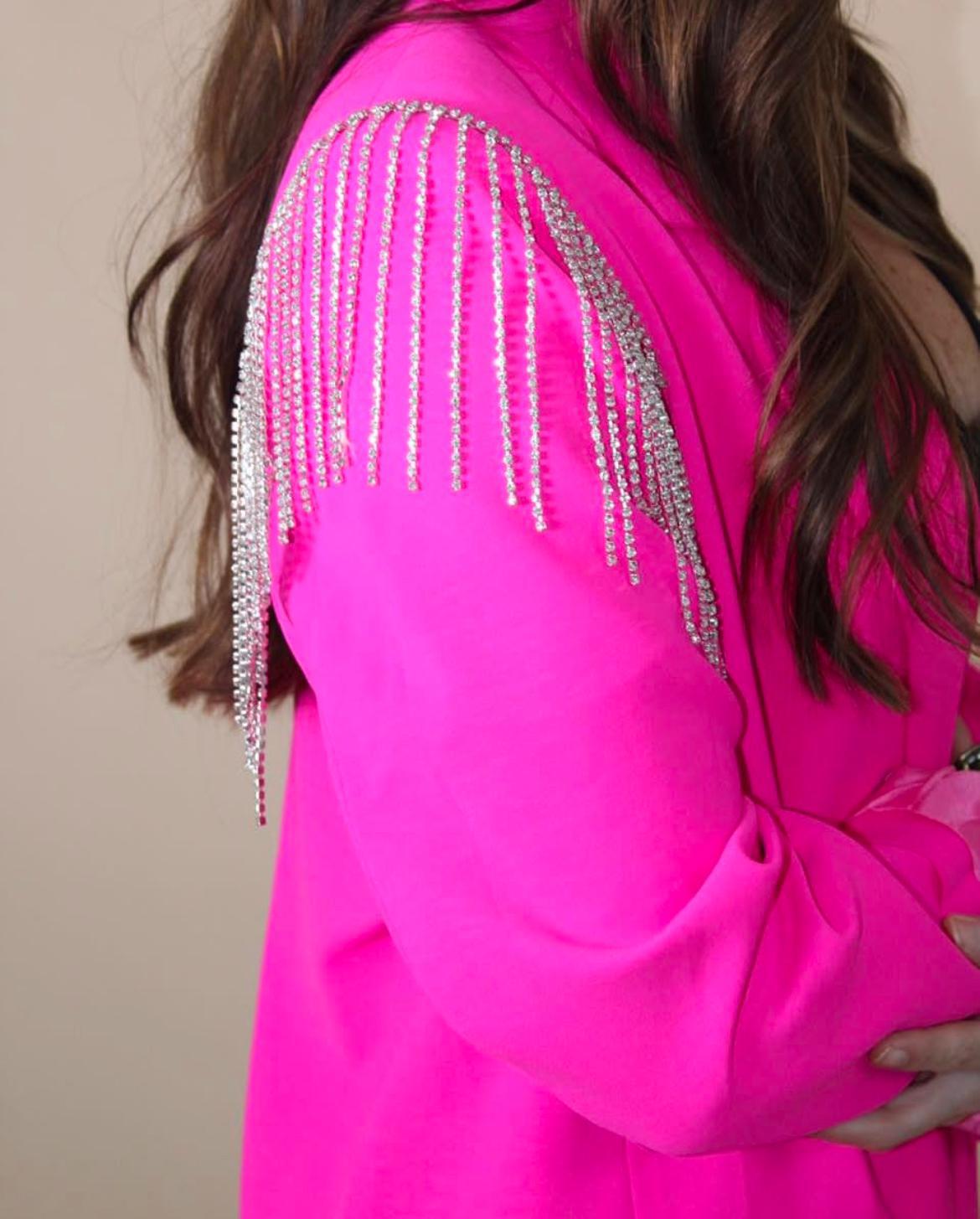 Ultra Pink Rhinestone Fringe Shoulder Open Front Blazer