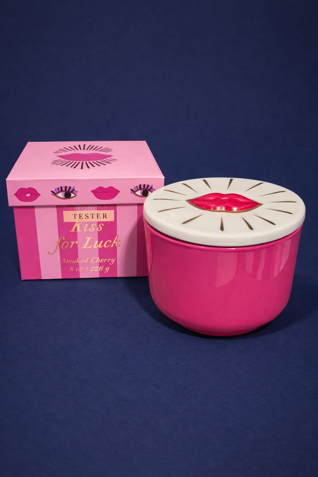 Charmed 8oz Hot Pink Glass Embossed Lips Ceramic Lid