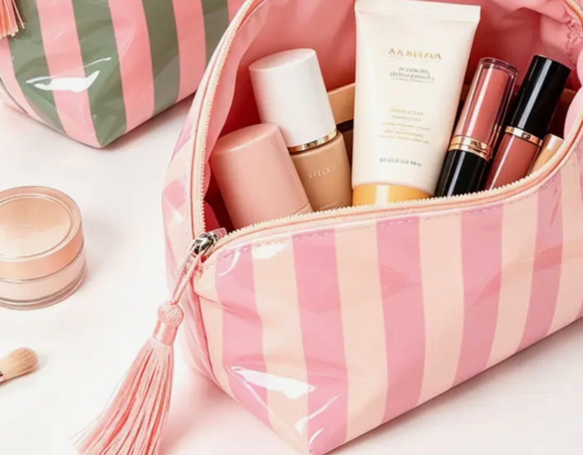 Color-Blocked Striped Waterproof Cosmetic/Makeup Bag w/ Tassel