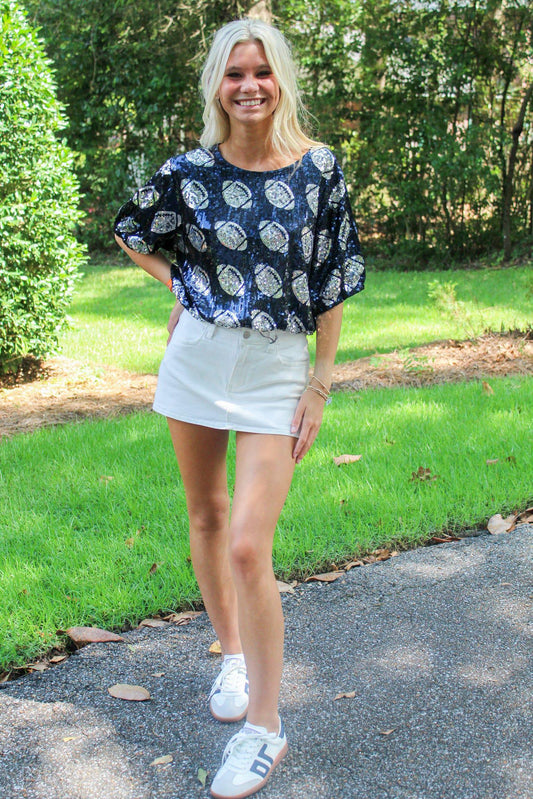 Gameday Cropped Navy Sequin Football Shirt