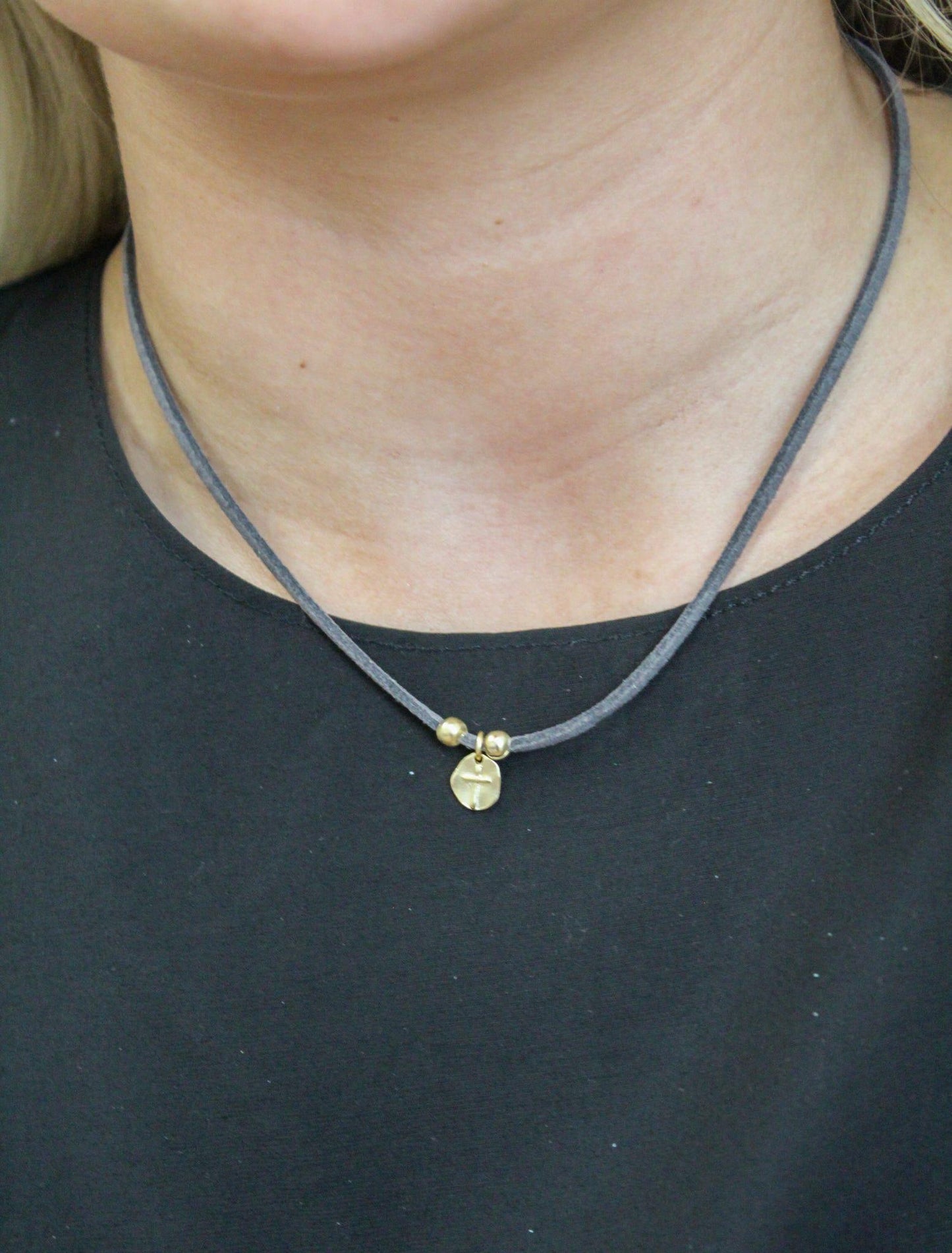 Suede Leather Necklace W/ Gold Filled Cross