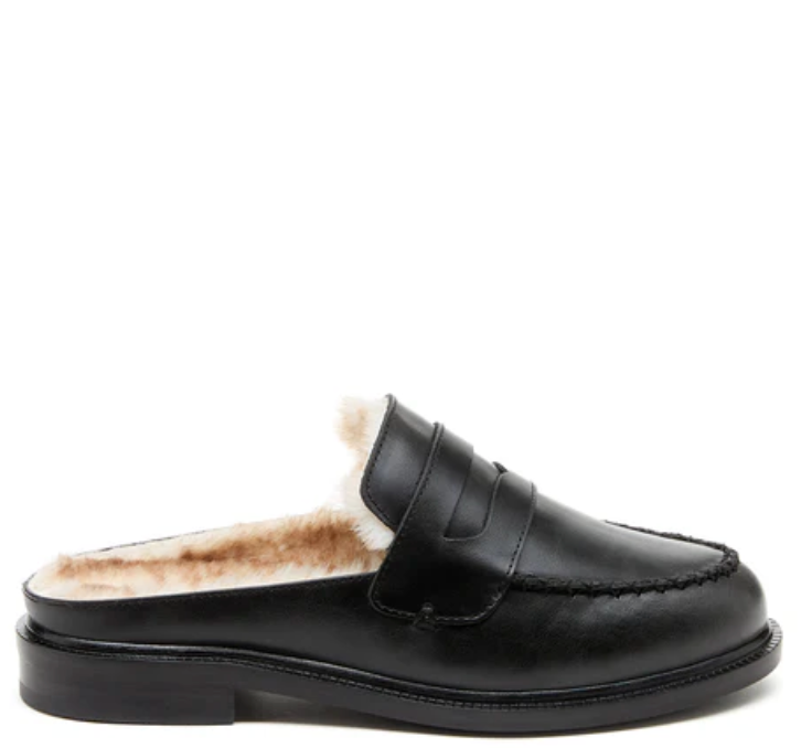 Lock Black Faux Fur Loafer Mules