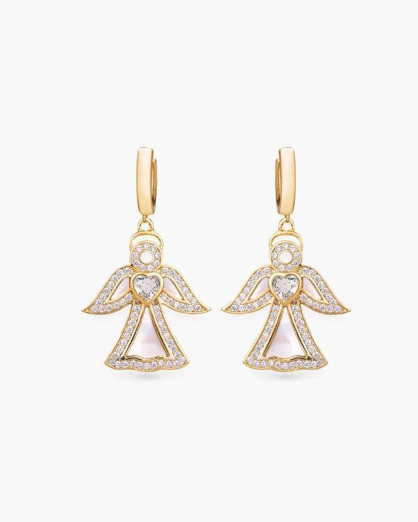 Gold CZ Mother of Pearl Angel Drop Earrings