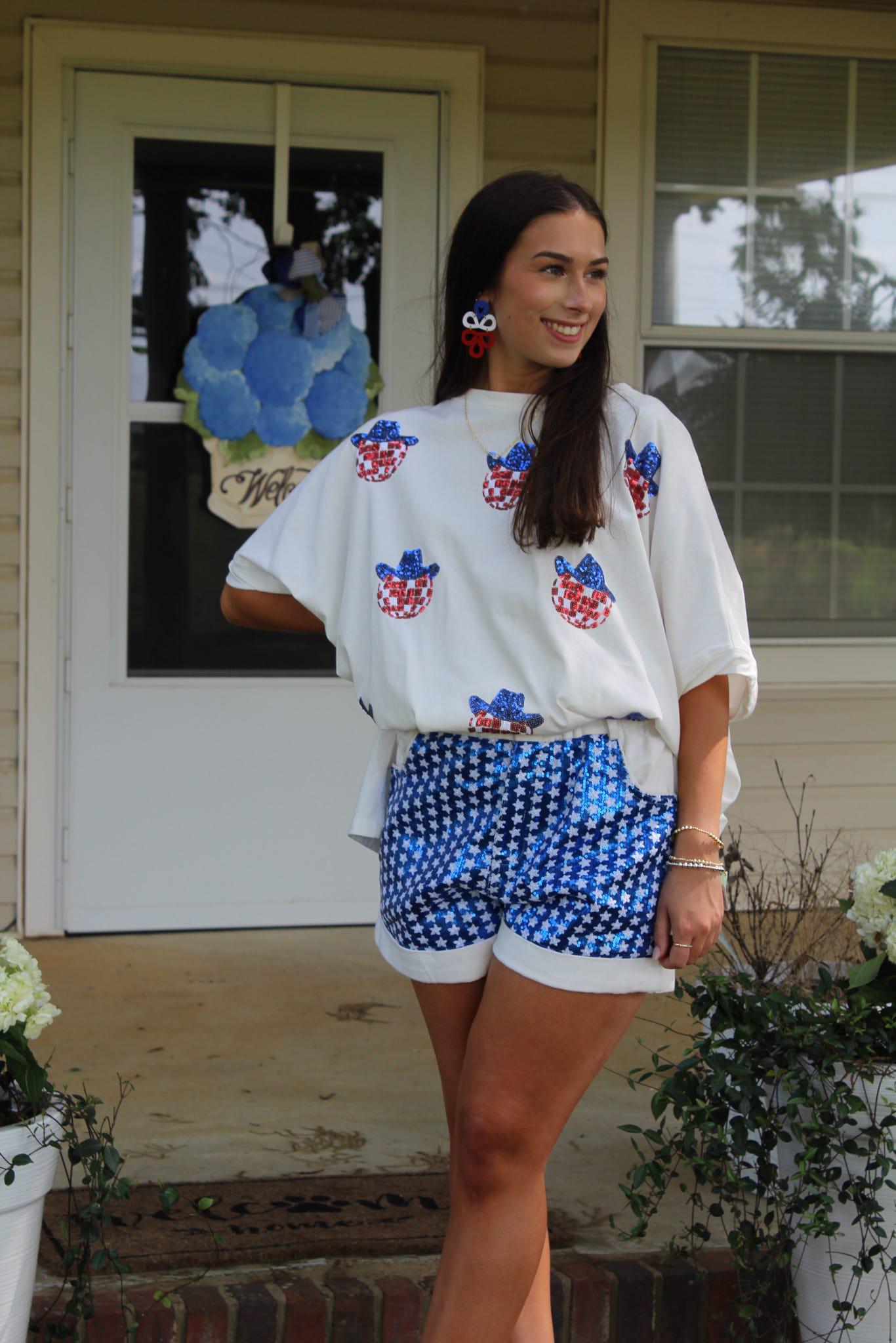 COTTON SHORT SLEEVE TOP W/ AMERICA MIRROR BALL