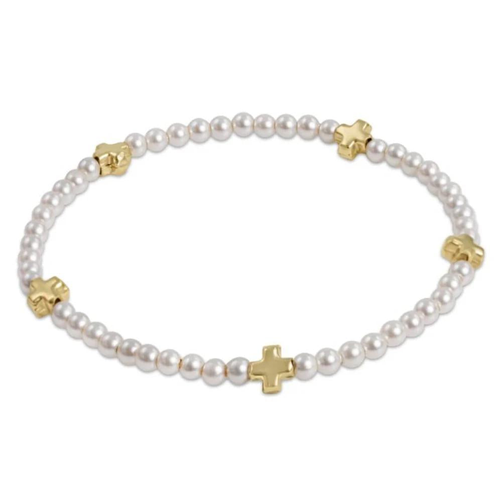 Egril Signature Cross Small 3mm Pearl Bracelet- Gold