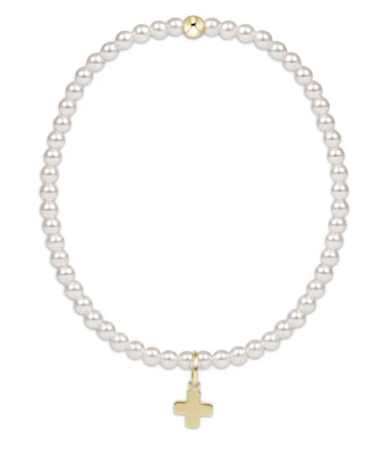 Classic Pearl 3mm Bead Bracelet- Signature Cross Gold Charm Extends