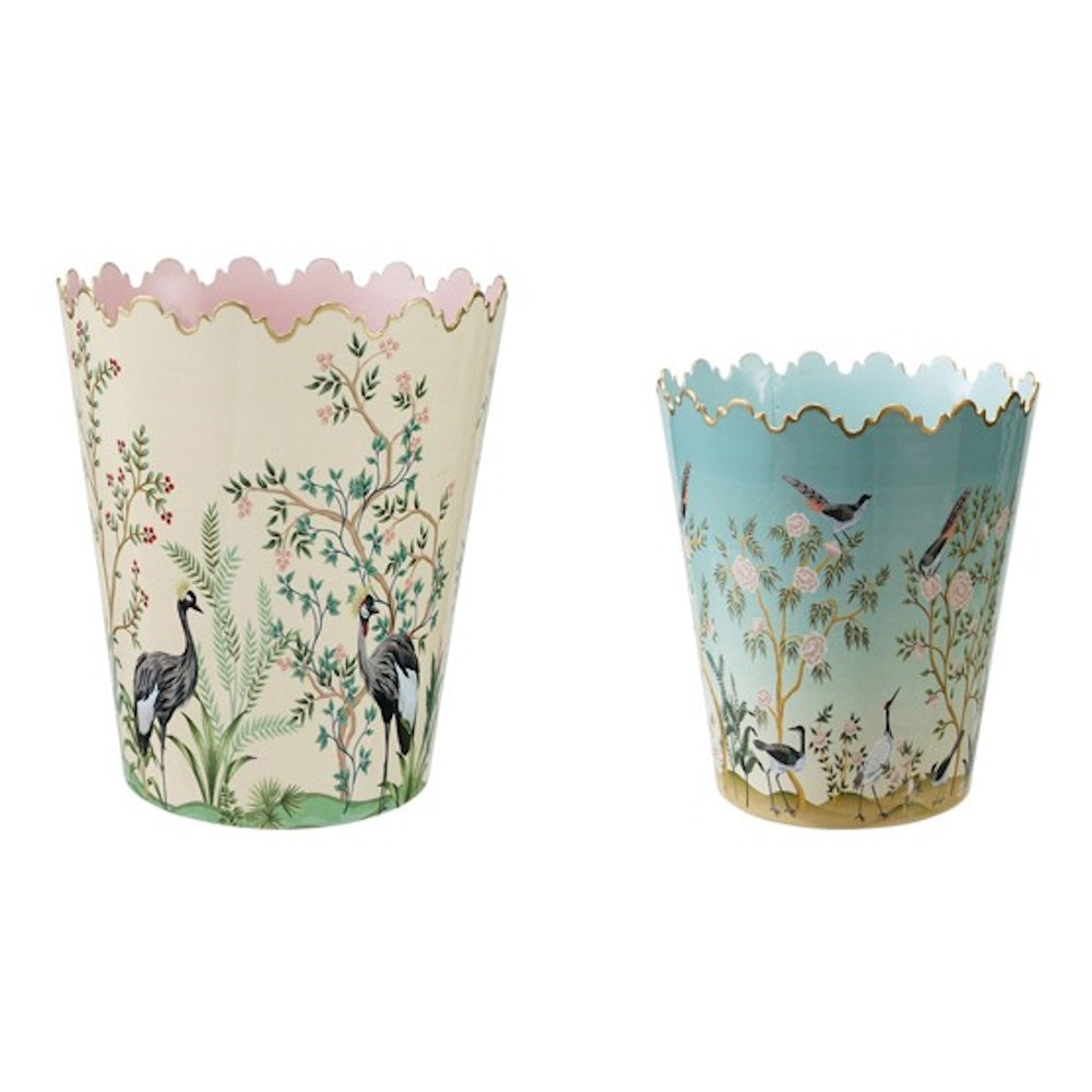 Metal Scalloped Buckets with Nature Scene & Handles