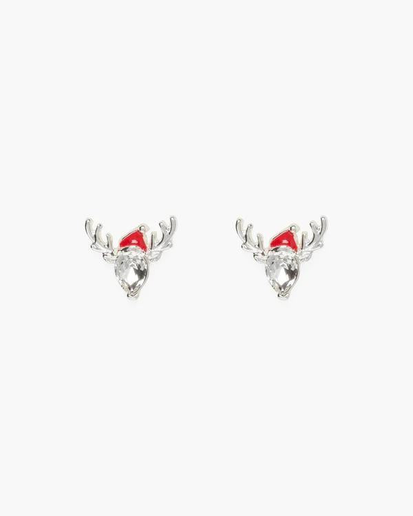 Silver CZ Reindeer Stud Earrings with Christmas Hat