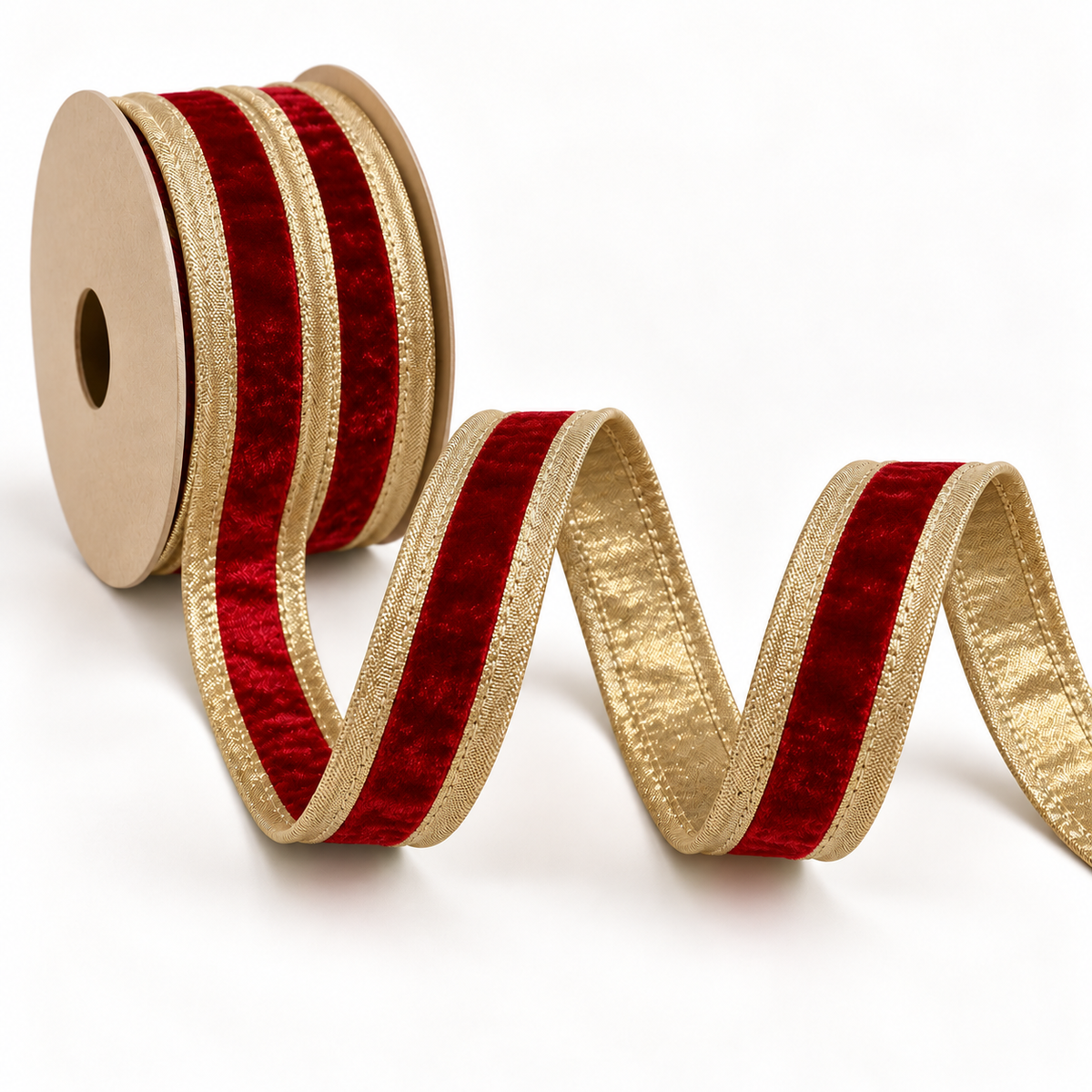 Red Velvet DBL Fused Metallic Dupion Gold Piping 1" by 10 yards