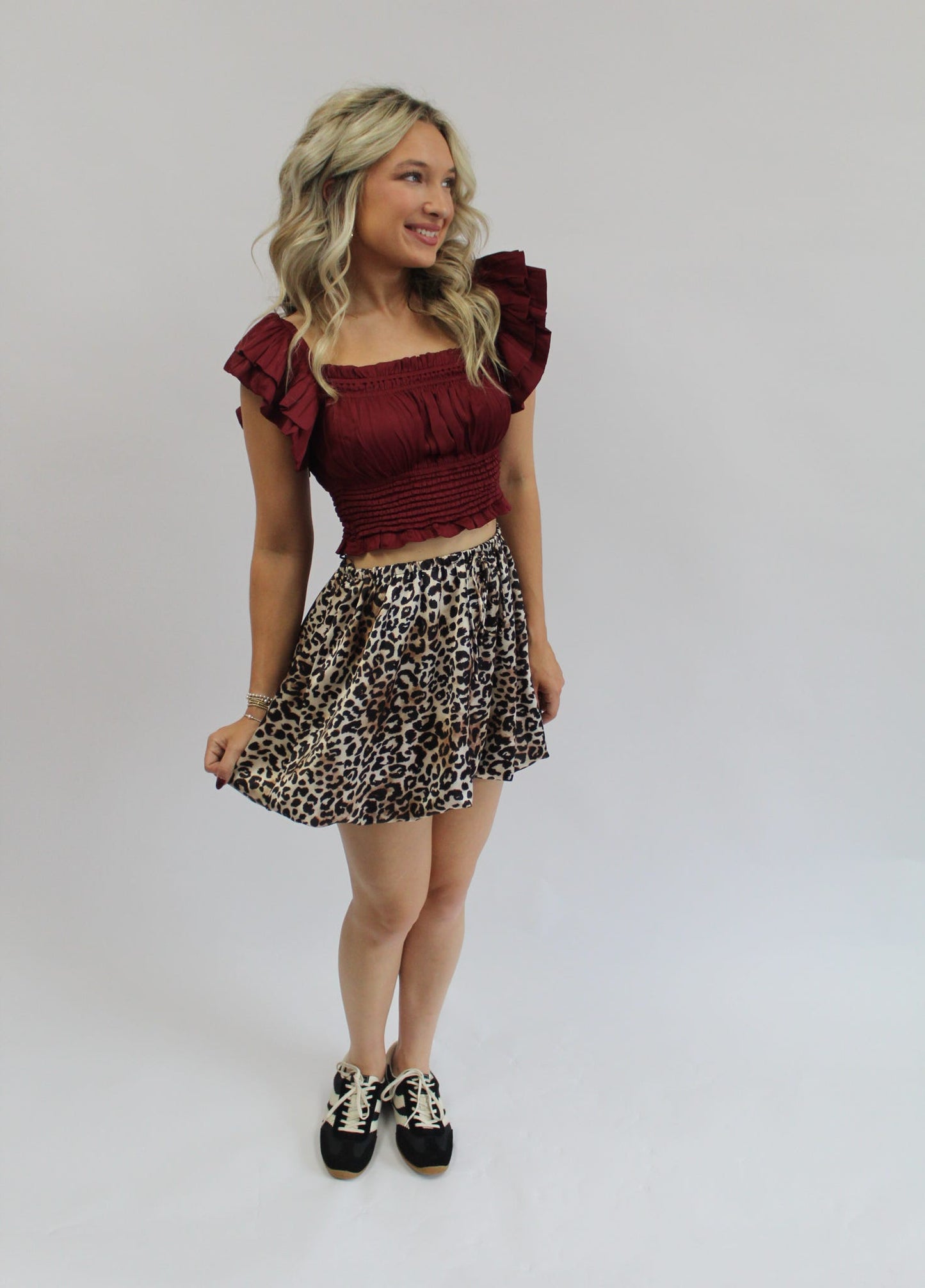 Ruffle Sleeve Cropped Smocked Top: Maroon