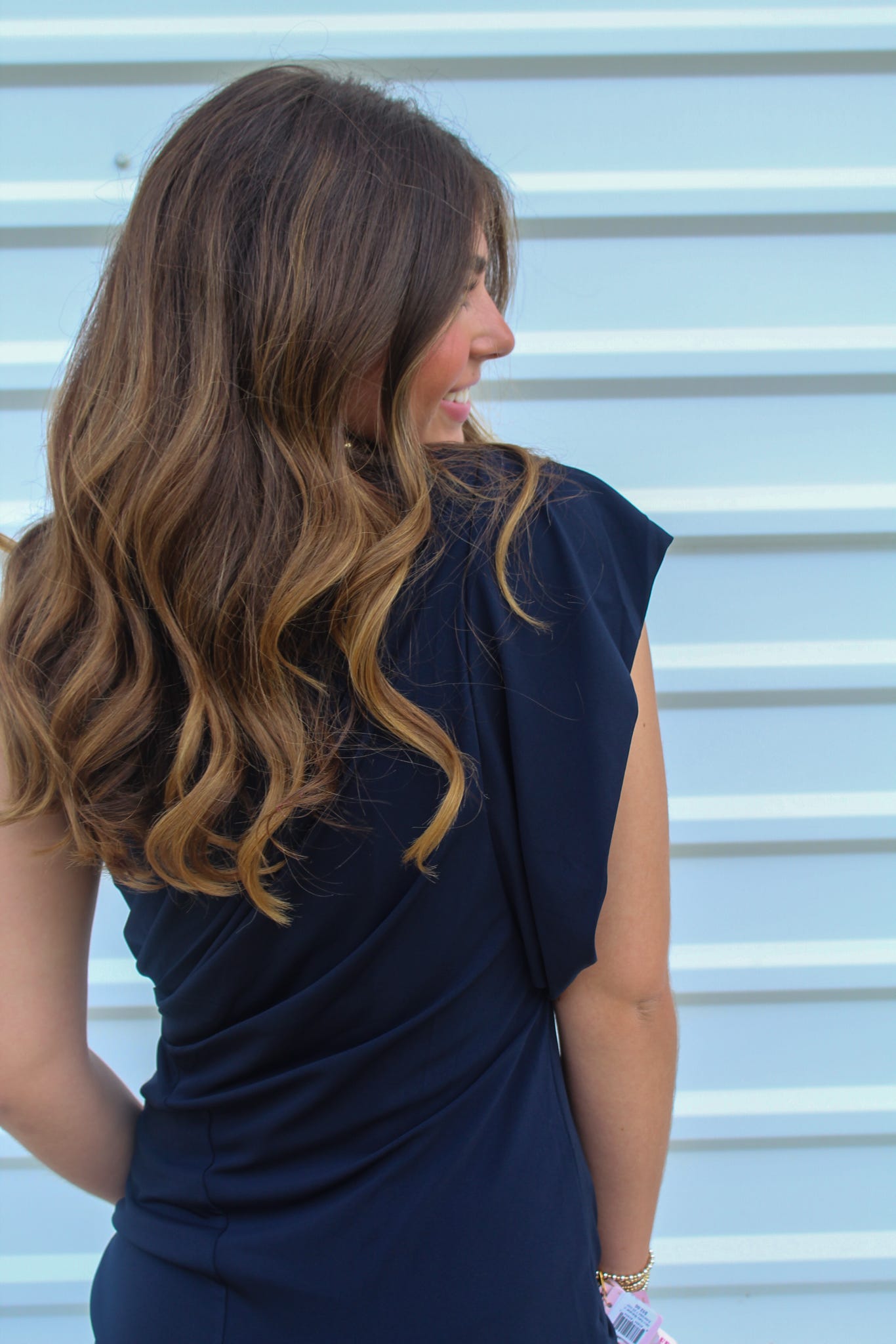 One Sleeve Midi Gathered Square Wing Sleeve Dress-Navy
