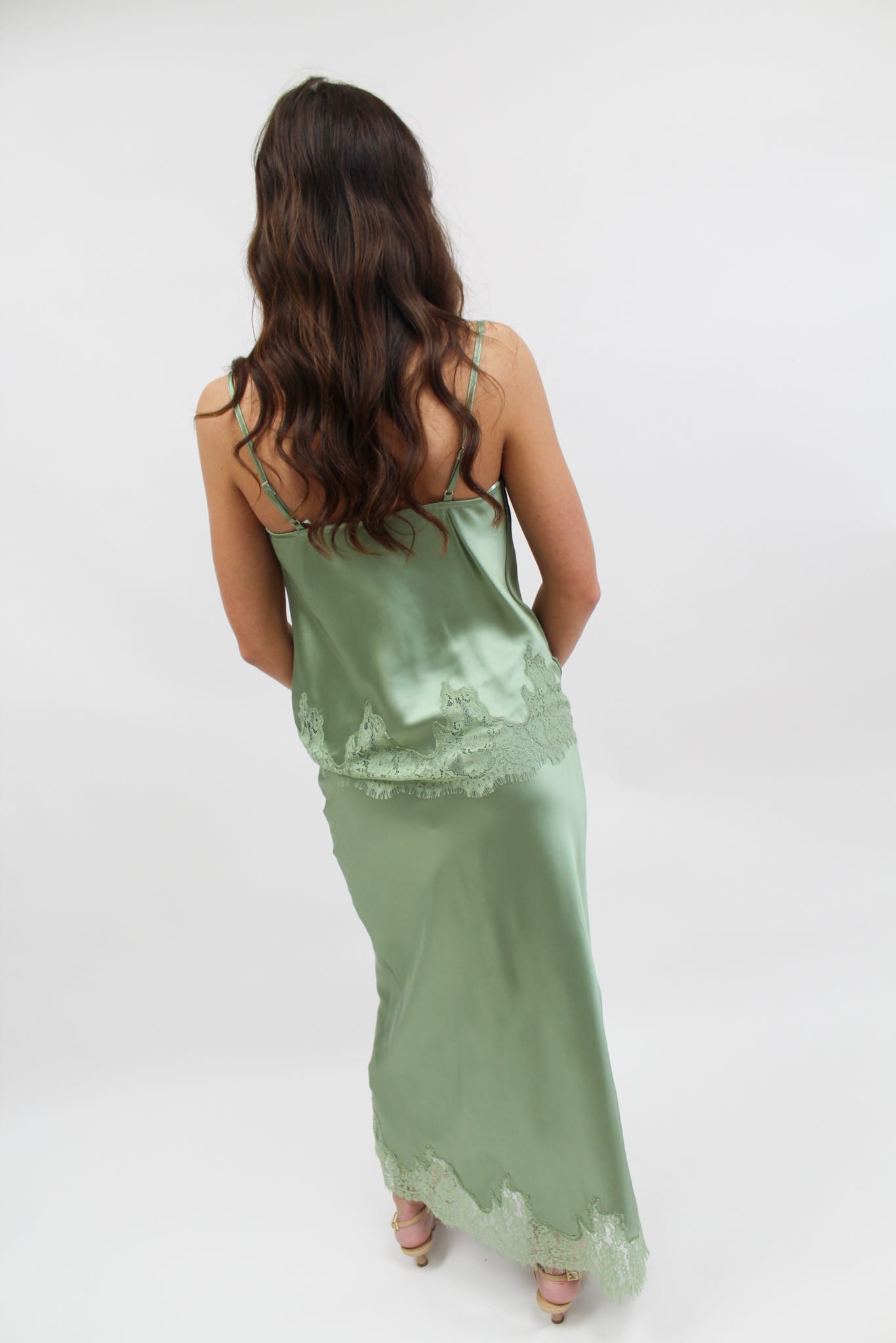 Elegant High Waist Midi Lace Satin Set - Sage