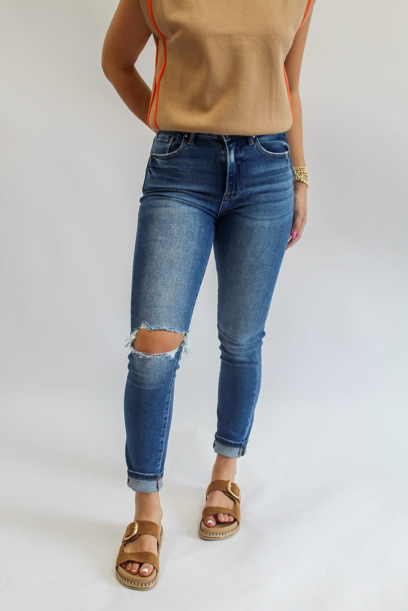 Dark High Rise-Ankle Skinny-Knee Distressed Jeans