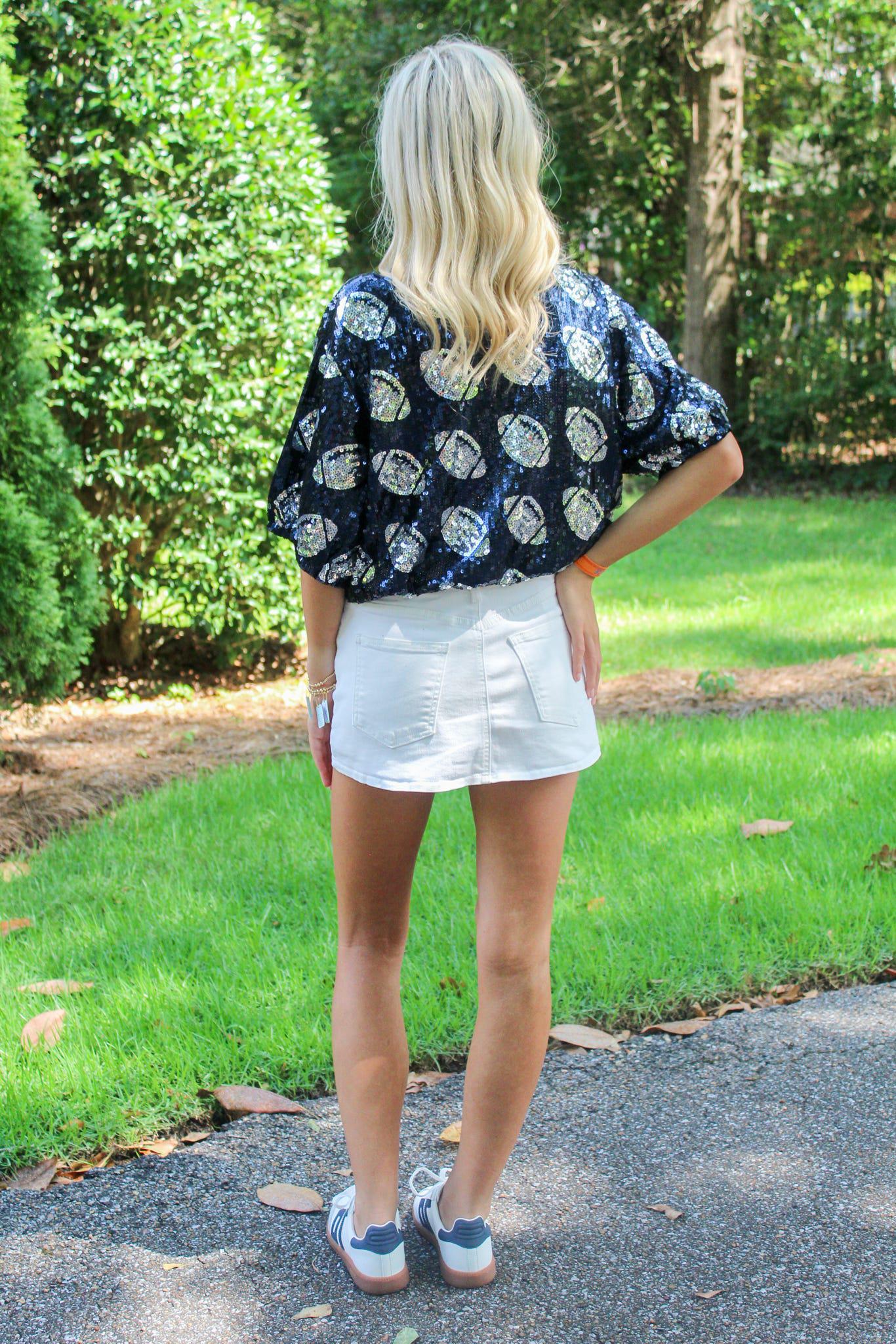 Gameday Cropped Navy Sequin Football Shirt