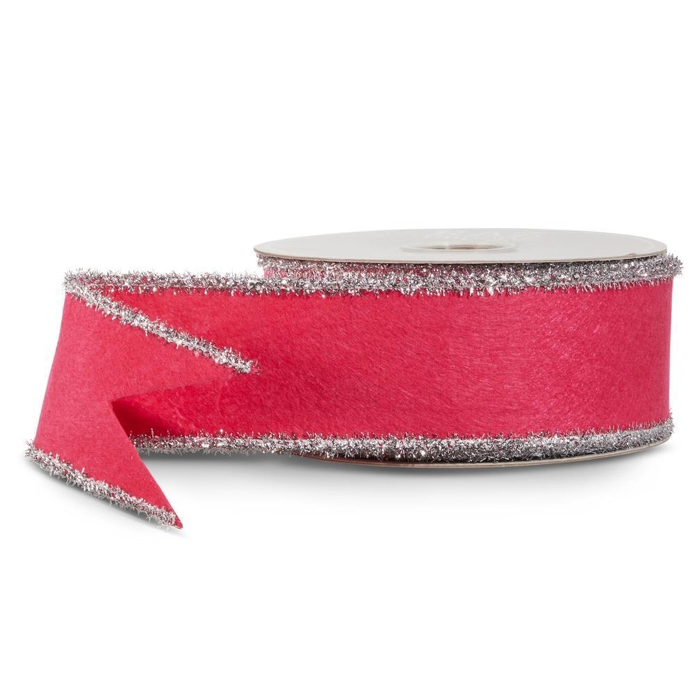 Dark Pink and Silver Tinsel Felt Wired Ribbon