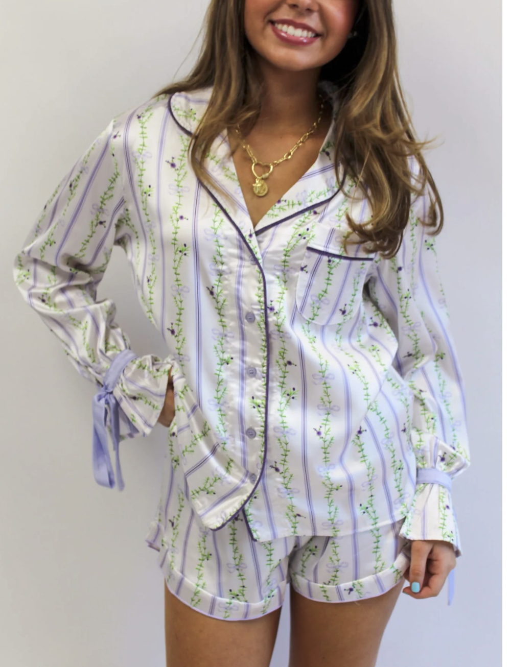 Blooming Stripes Satin Notch Collar Pajama Top