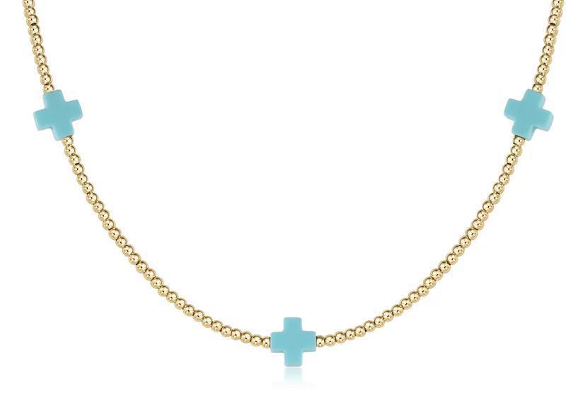 15" Choker Signature Cross Gold Pattern 2mm Bead - Turquoise