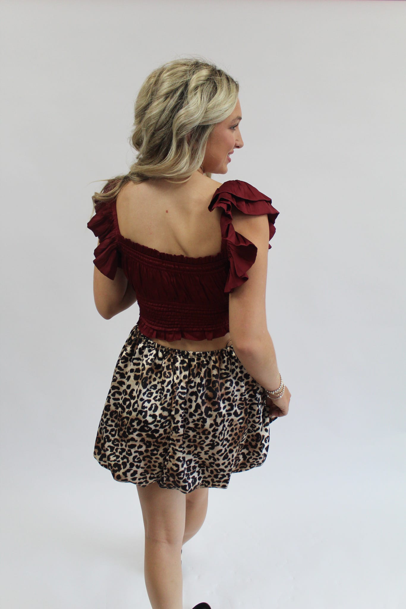 Ruffle Sleeve Cropped Smocked Top: Maroon