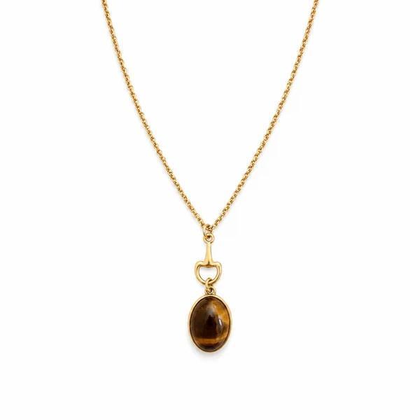 Equestrian Bit Natural Stone Necklace, Waterproof Golden Steel - Tiger Eye Brown