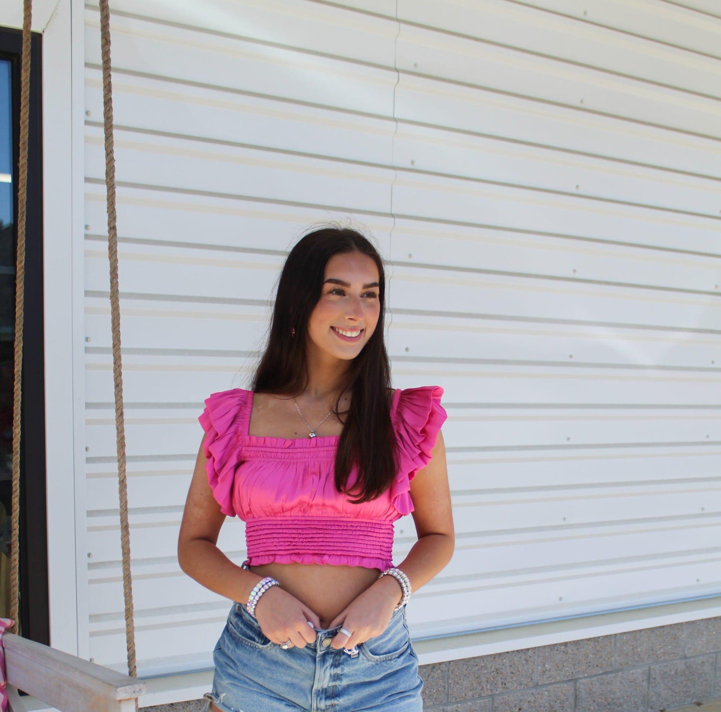 Ruffle Sleeve Cropped Smocked Top: Hot Pink