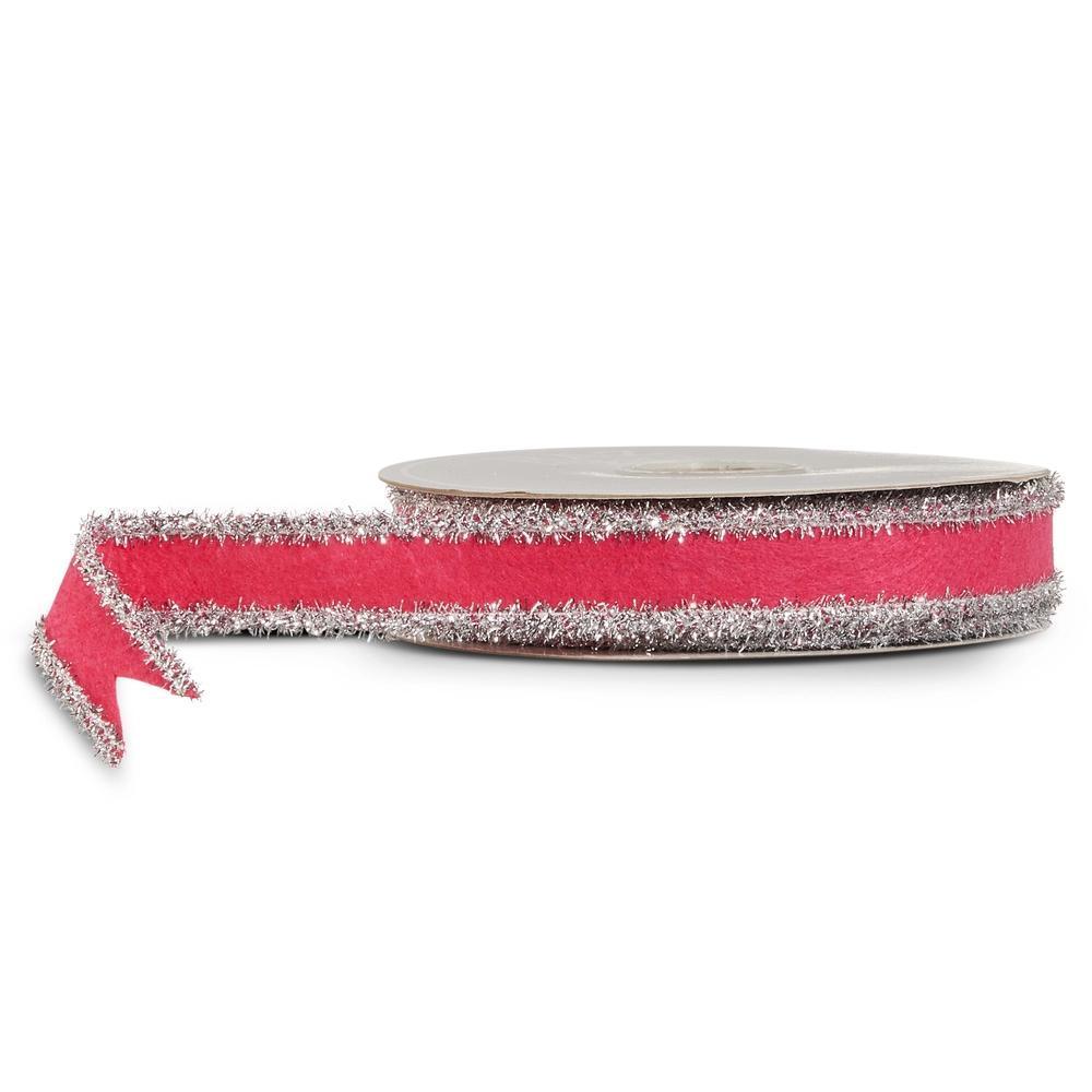 Dark Pink and Silver Tinsel Felt Wired Ribbon