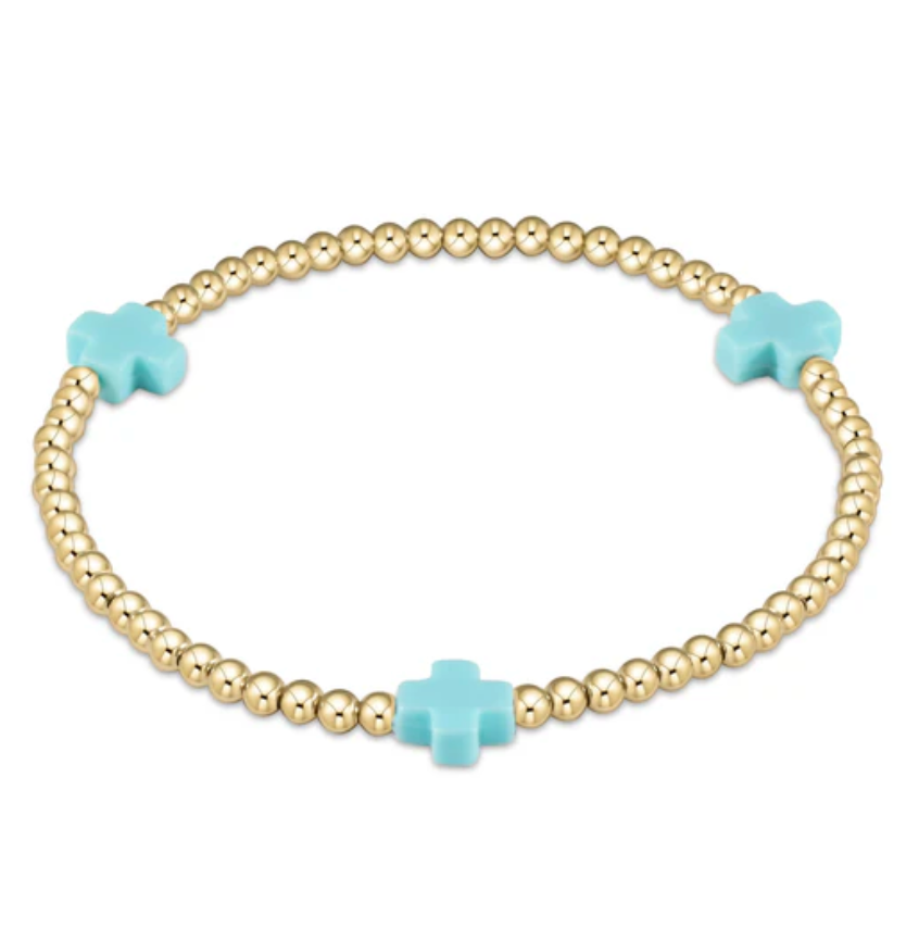 Signature Cross Gold Pattern 3mm Bead Bracelet - Turquoise