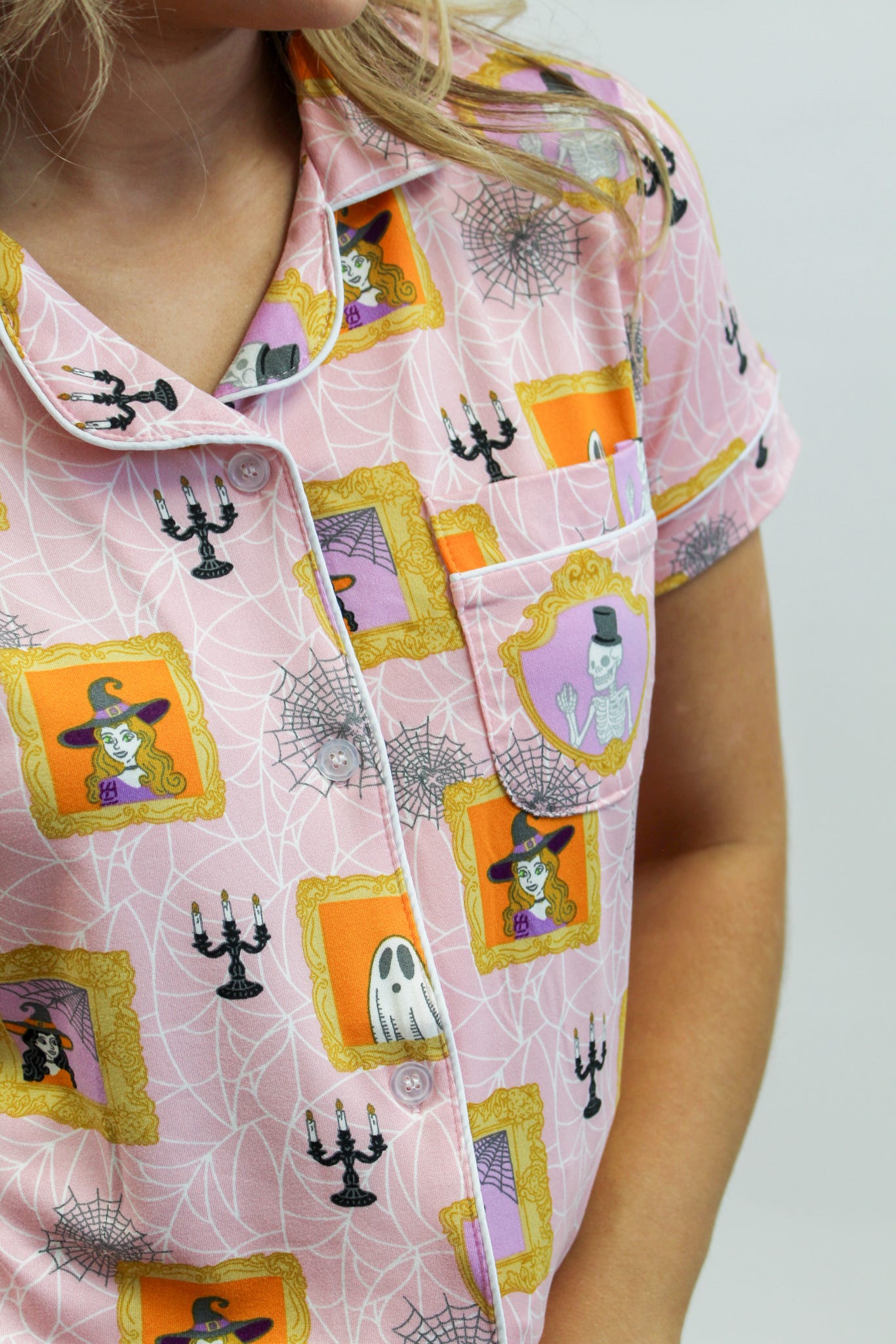 Gilded Ghouls Short Sleeve Button Up Sleep Shirt