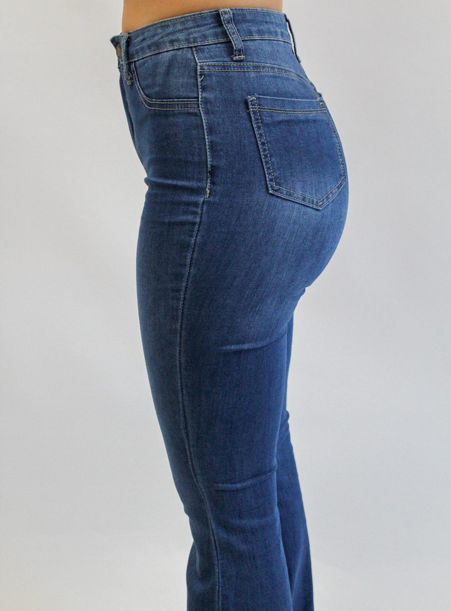 High Waisted Med Wash Strech Denim Bell Bottoms