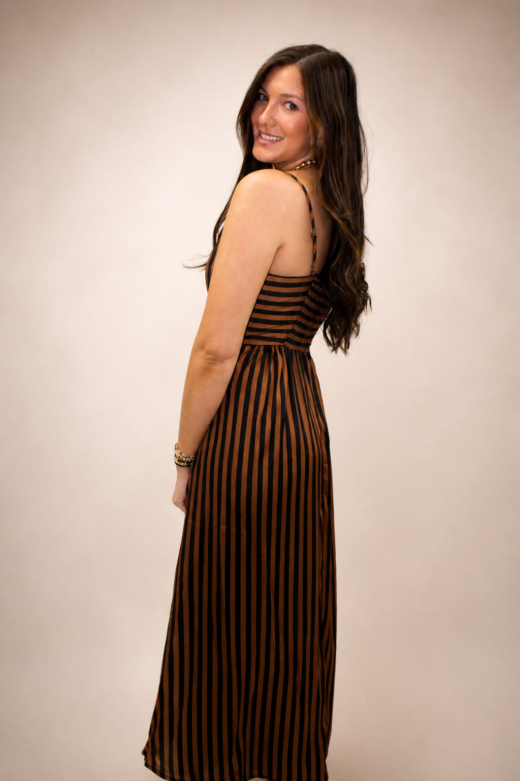 Blake Striped V-Neck Smocked Back Midi Dress
