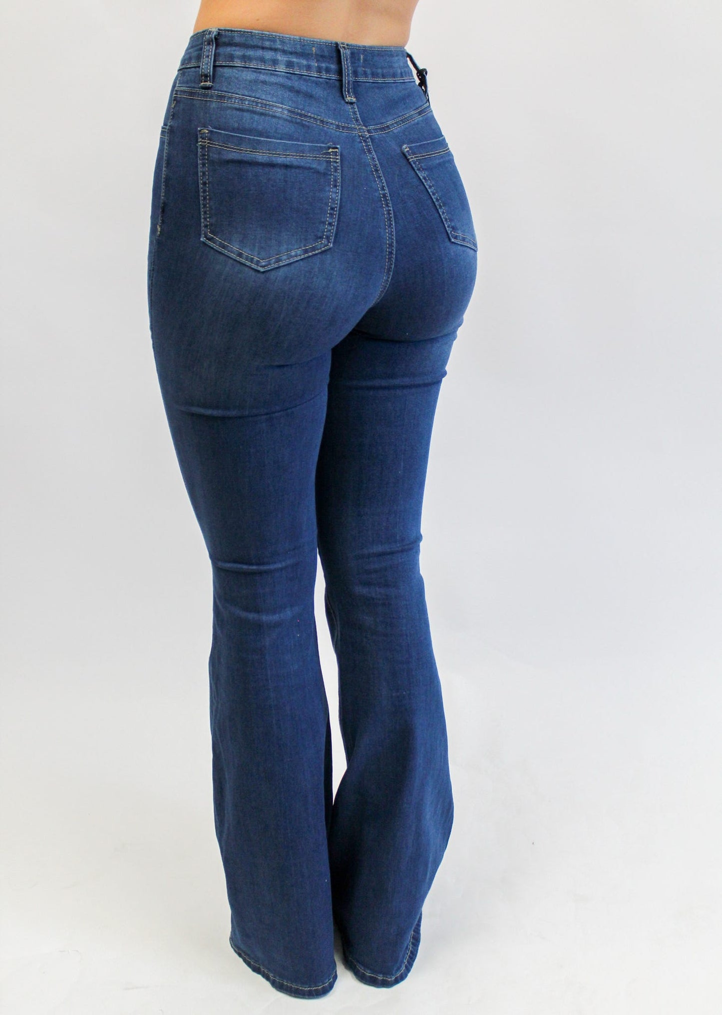 High Waisted Med Wash Strech Denim Bell Bottoms