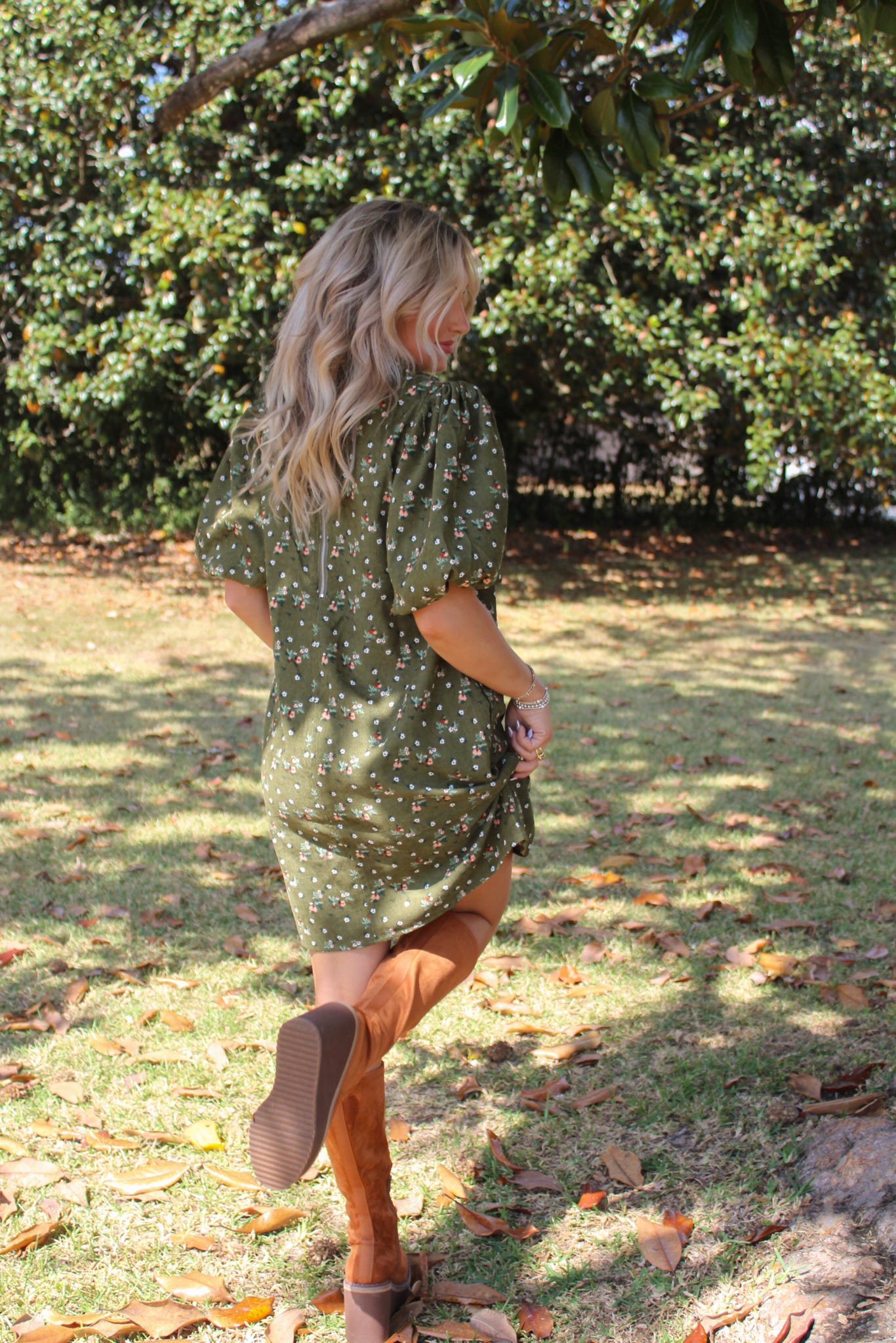 Forest Puff Sleeve Velvet Dress
