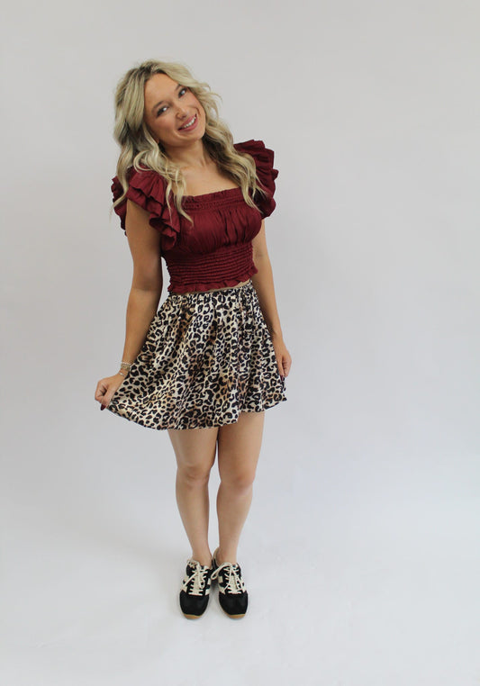 Ruffle Sleeve Cropped Smocked Top: Maroon