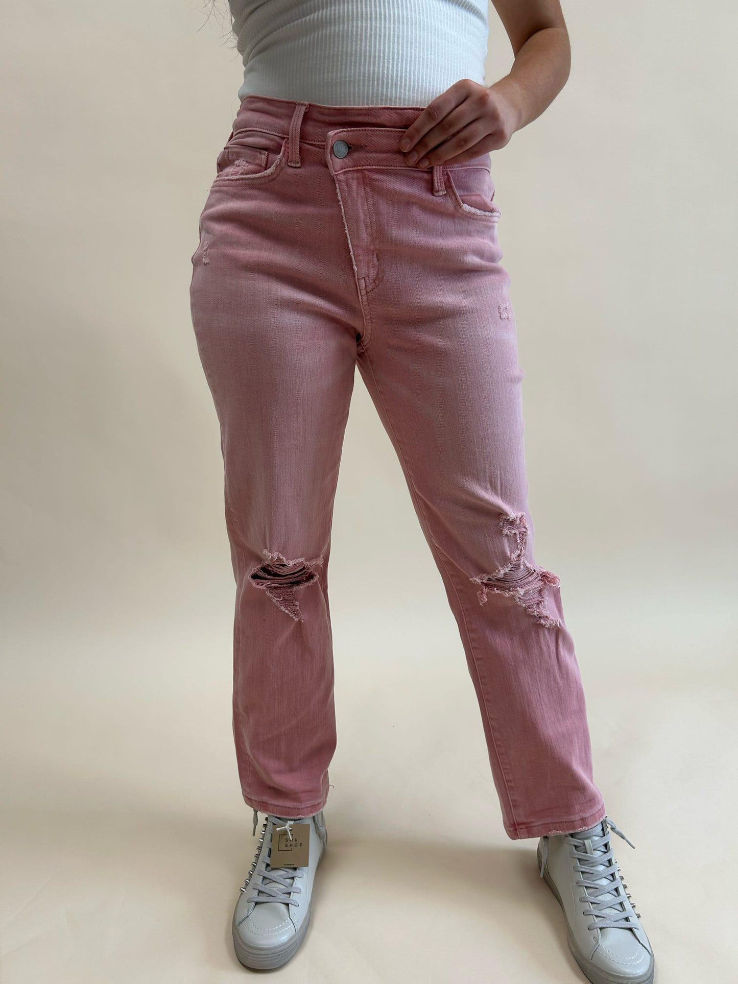 High Rise Criss Cross Crop Straight Jeans