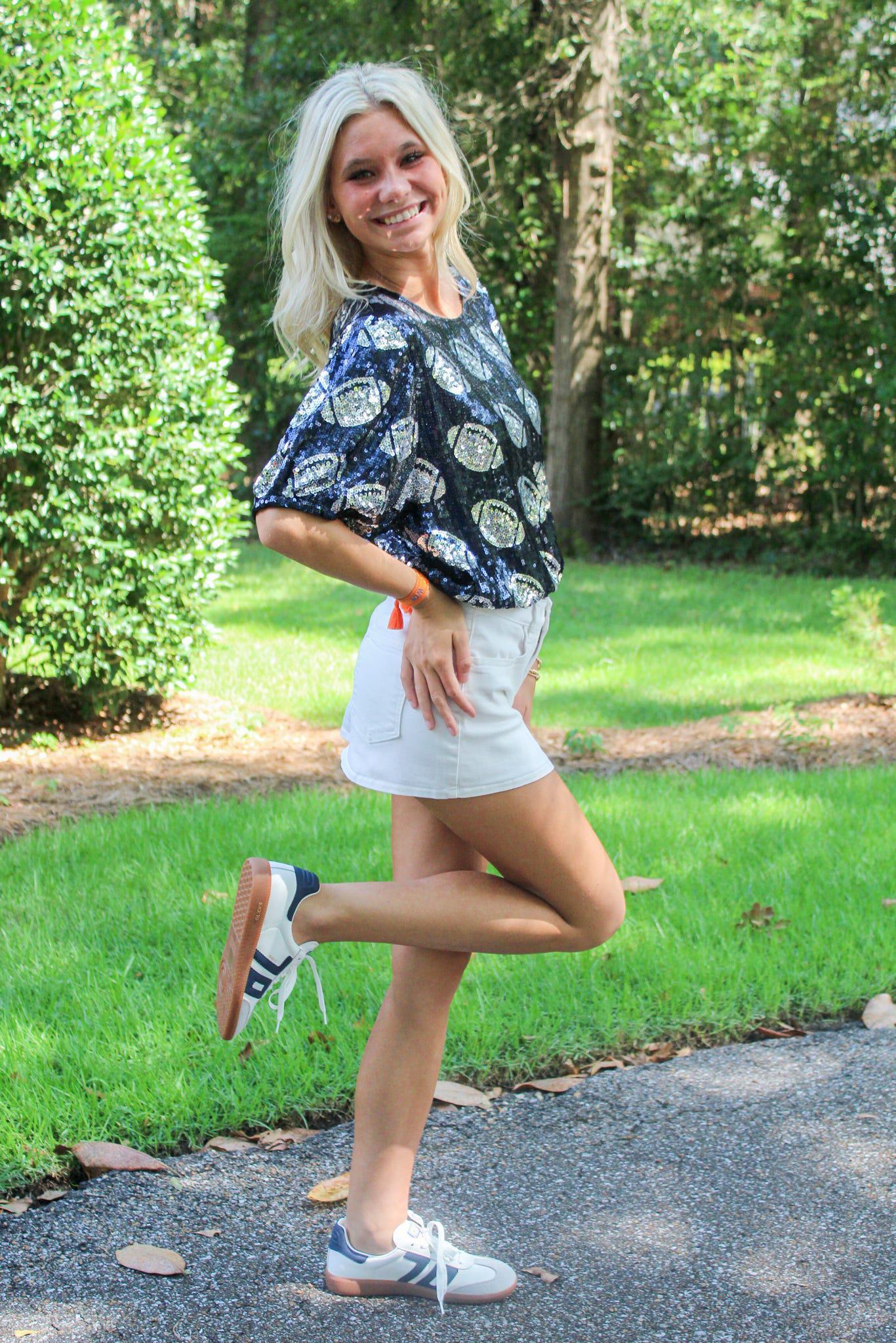 Gameday Cropped Navy Sequin Football Shirt