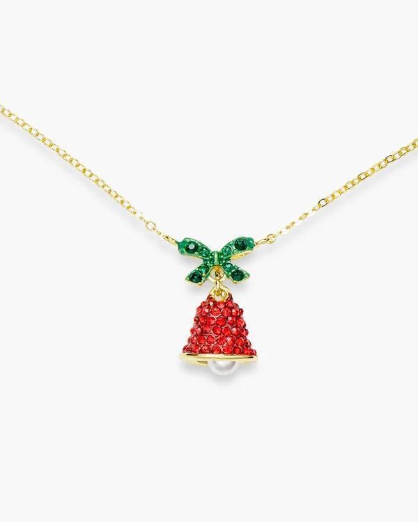 Red CZ Bell with Green Bow Gold Necklace