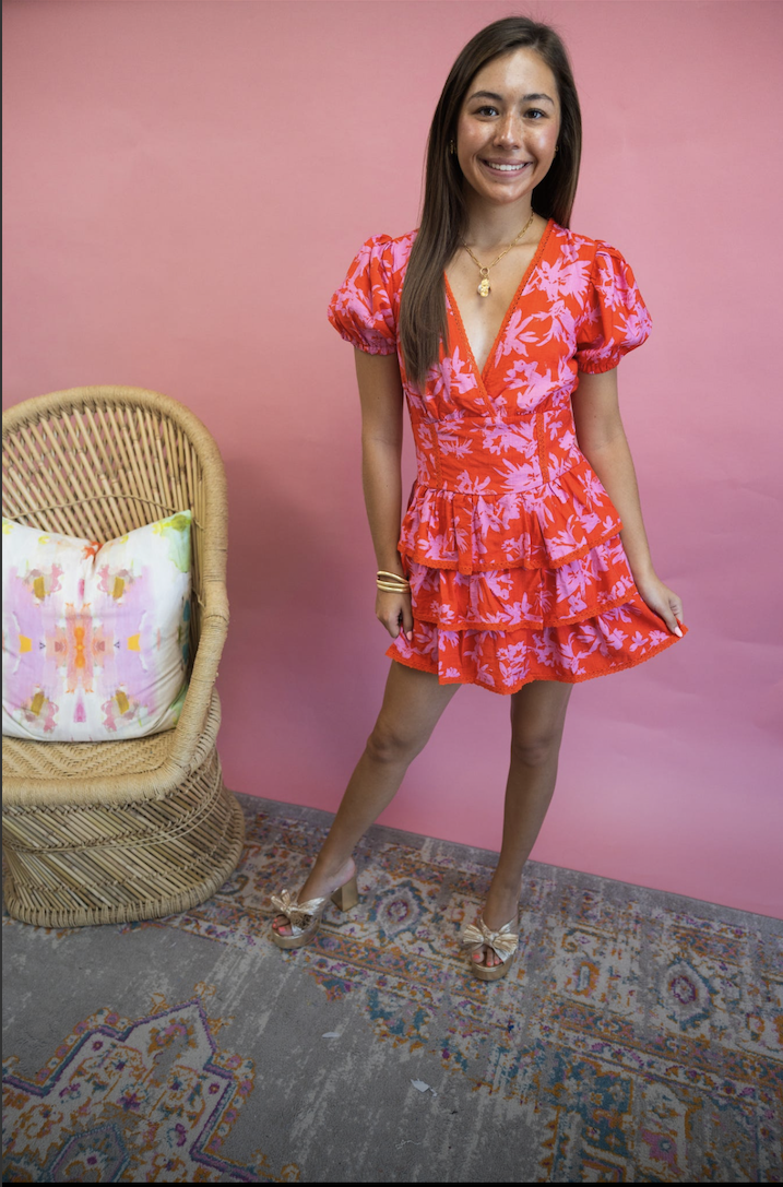 Floral Print Surplice Short Puff Sleeve Dress