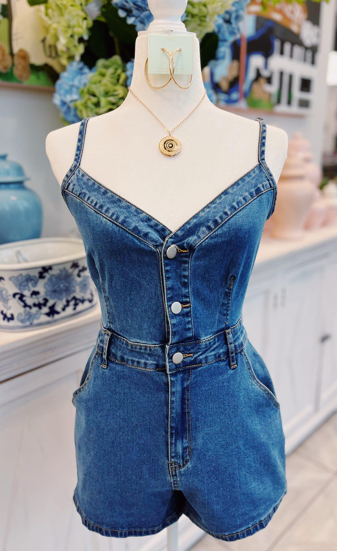 Cami Denim Romper With Button Front and Pockets