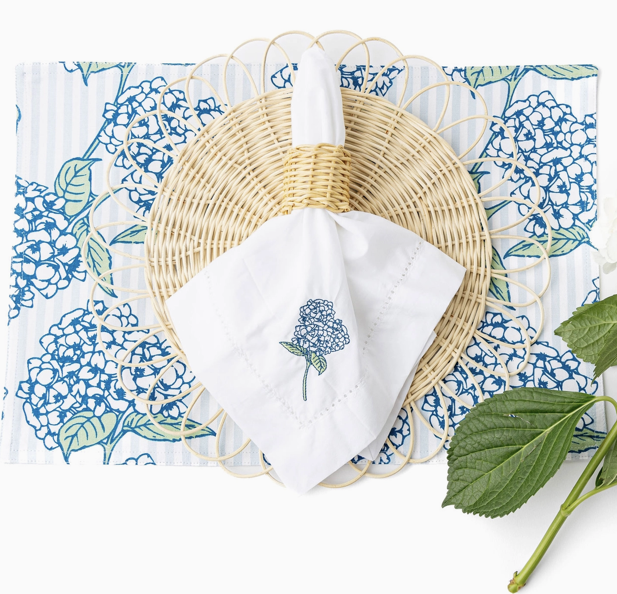 Hydrangea Stem Embroidered Dinner Napkins