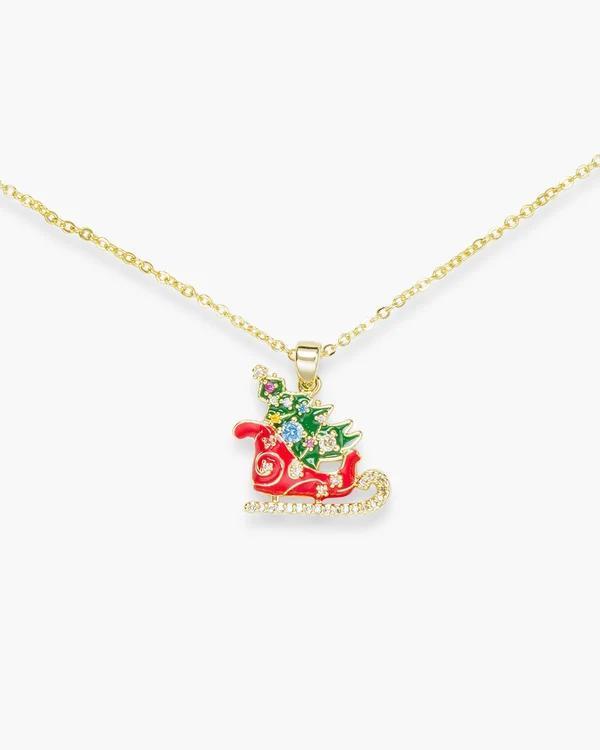 Gold Red Sleigh with Green Tree Necklace