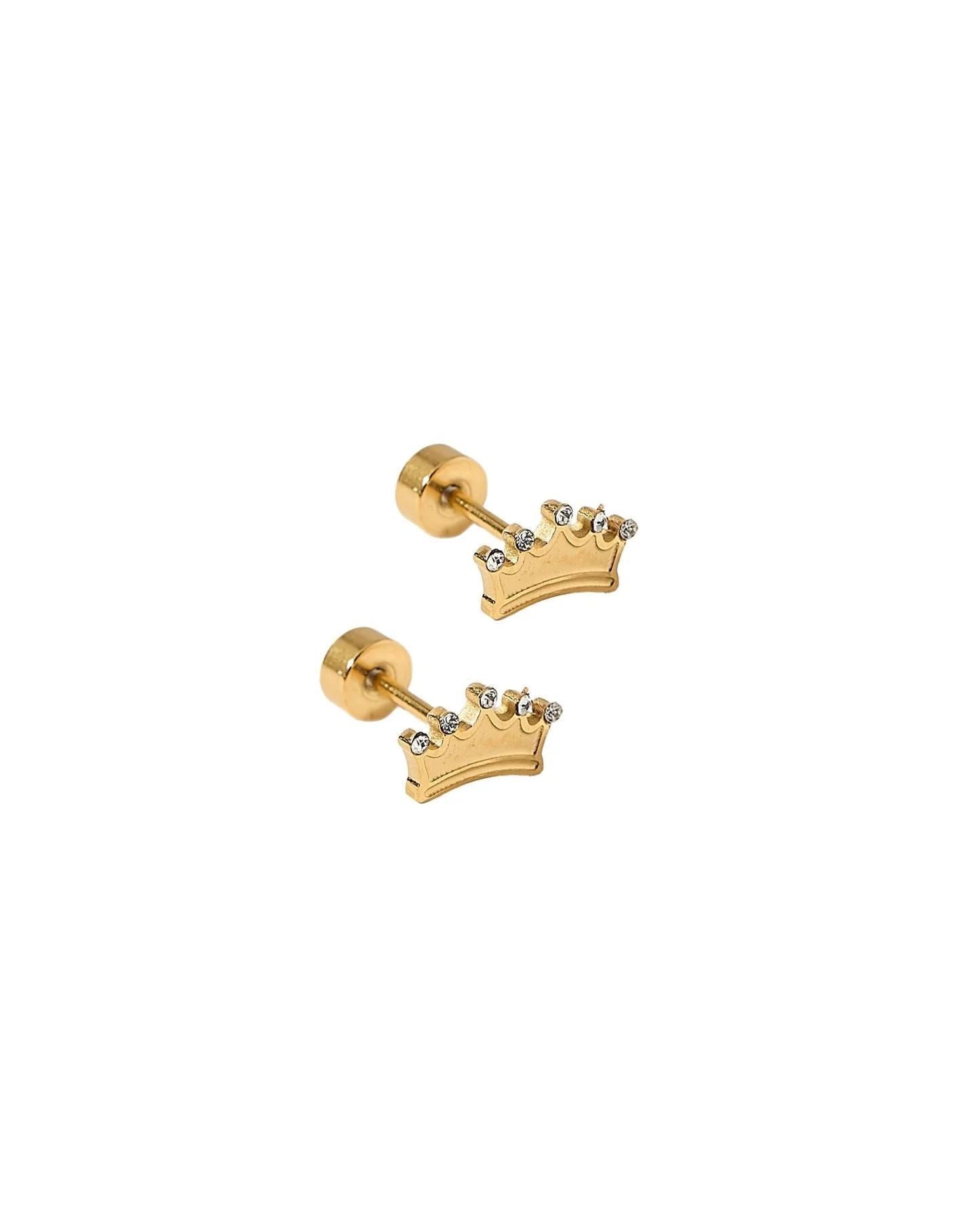 Gold Crown Screwback Stud Earrings