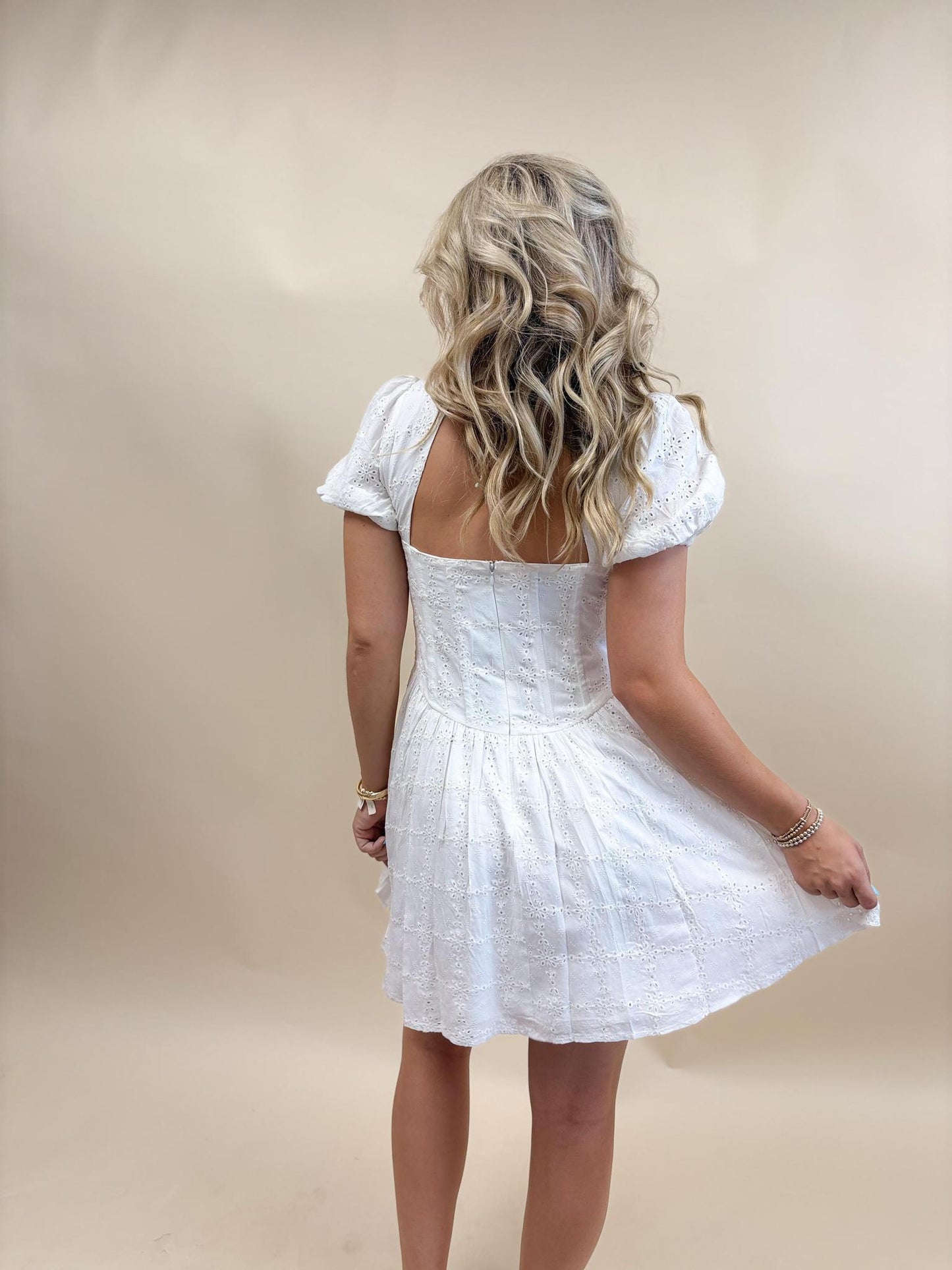 White Eyelet Short Sleeve Open Back Mini Dress