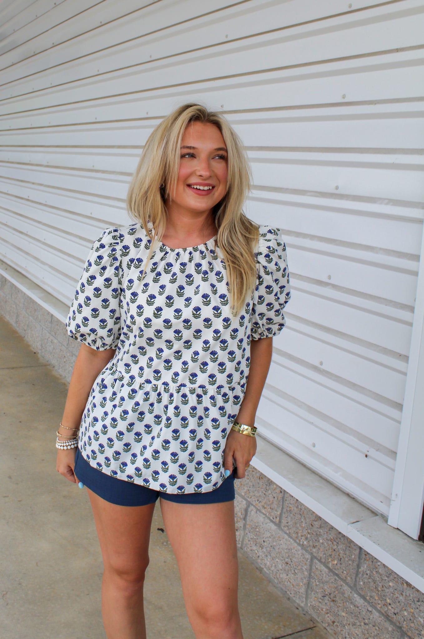 Nina Floral Foulard Top- Navy