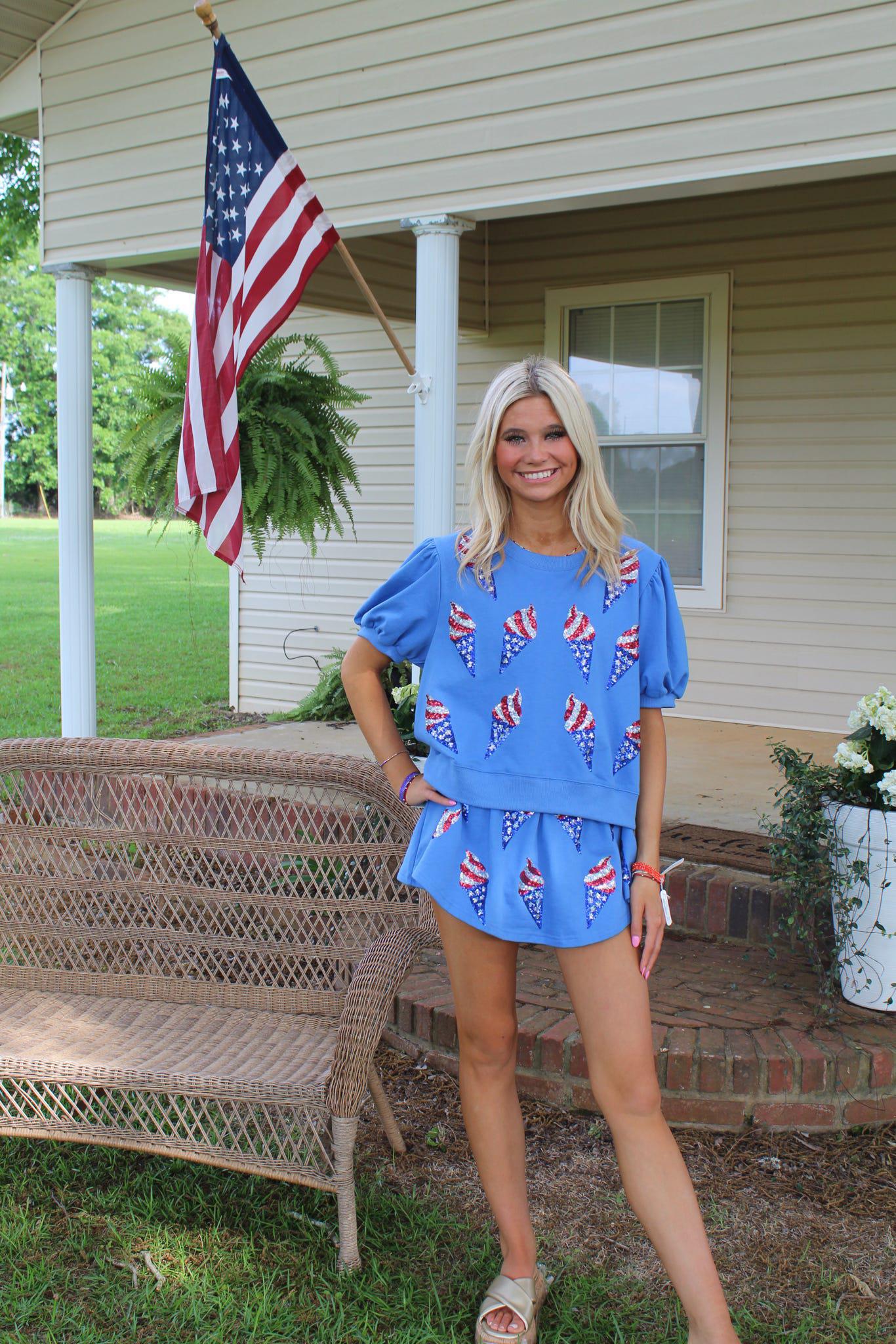 USA Flag Soft Ice Cream Rhinestone Allover Top and Skorts