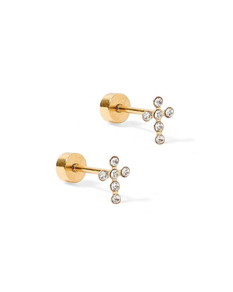 Clara Cross Gold Sparkle Screwback Stud Earrings